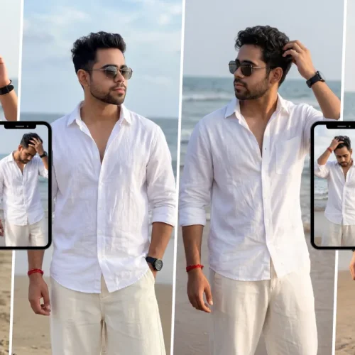 White shirt male beach portrait created with a realistic AI photo prompt for men's fashion photography