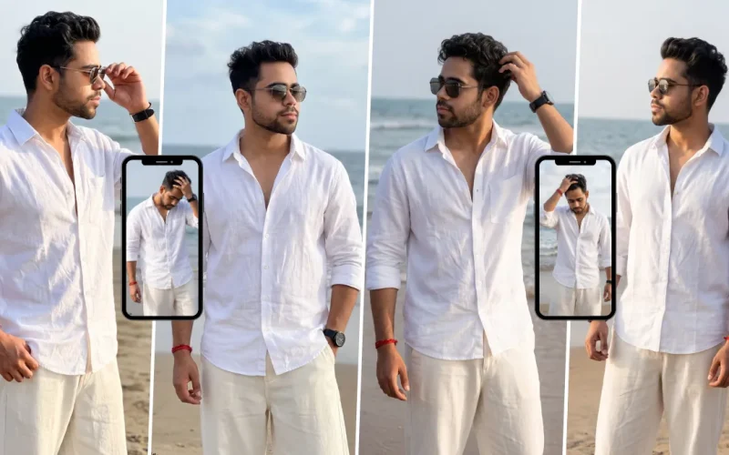 White shirt male beach portrait created with a realistic AI photo prompt for men's fashion photography