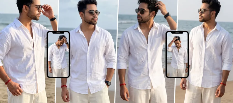 White shirt male beach portrait created with a realistic AI photo prompt for men's fashion photography