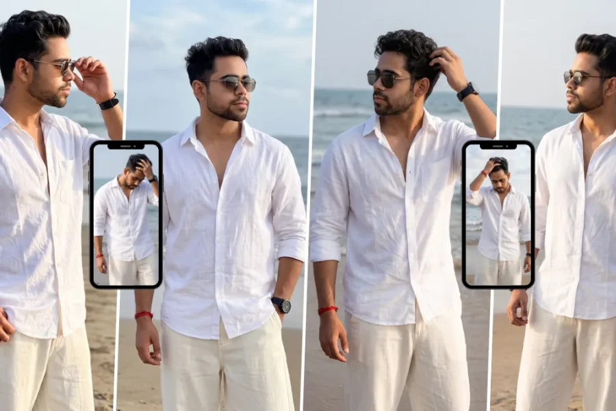 White shirt male beach portrait created with a realistic AI photo prompt for men's fashion photography