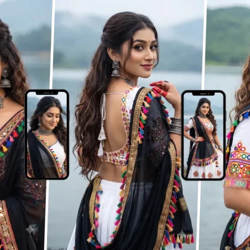 Indian woman wearing a traditional black and white saree with colorful embroidery posing beside a scenic lake