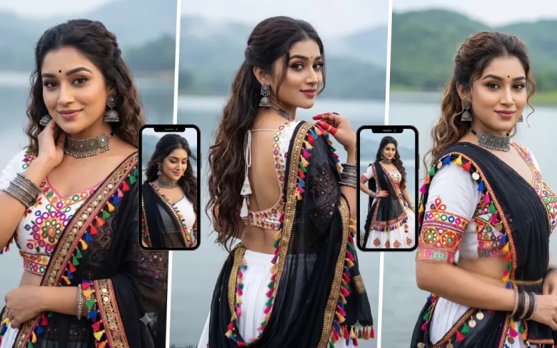 Indian woman wearing a traditional black and white saree with colorful embroidery posing beside a scenic lake