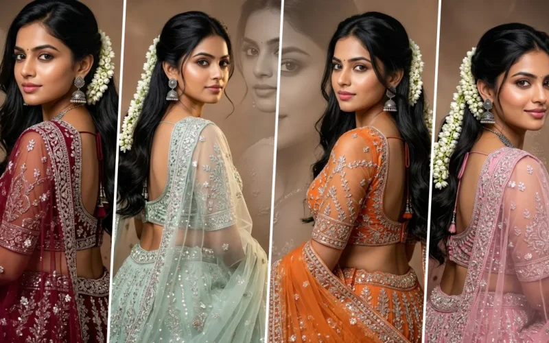 Beautiful Indian bridal model wearing embroidered lehenga in cinematic wedding portrait photoshoot with elegant traditional styling