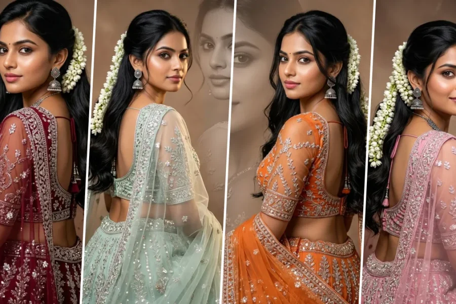 Beautiful Indian bridal model wearing embroidered lehenga in cinematic wedding portrait photoshoot with elegant traditional styling