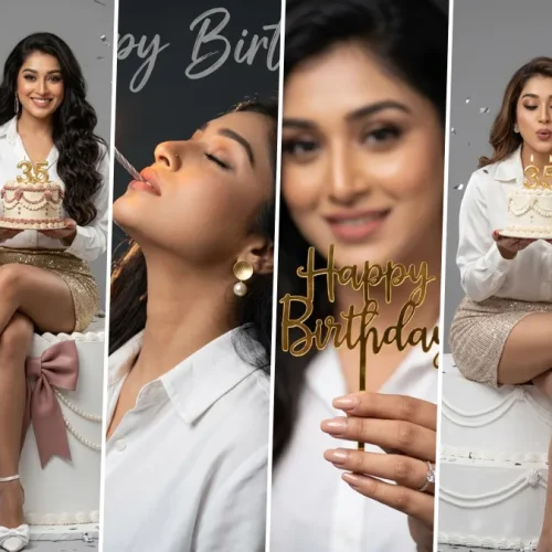 Elegant birthday girl posing with birthday cake in cinematic AI celebration photoshoot