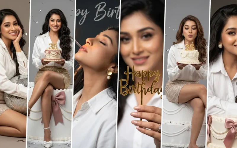 Elegant birthday girl posing with birthday cake in cinematic AI celebration photoshoot