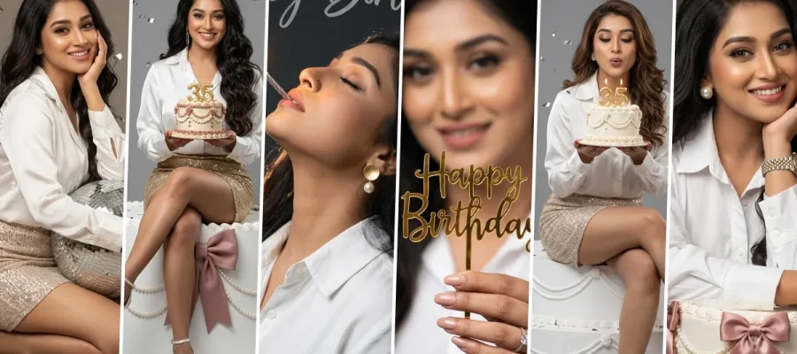 Elegant birthday girl posing with birthday cake in cinematic AI celebration photoshoot