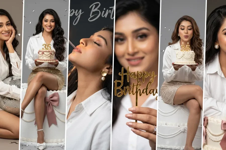 Elegant birthday girl posing with birthday cake in cinematic AI celebration photoshoot