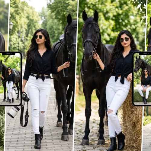 Woman posing with black horses in an outdoor equestrian setting using a horse riding AI photo prompt