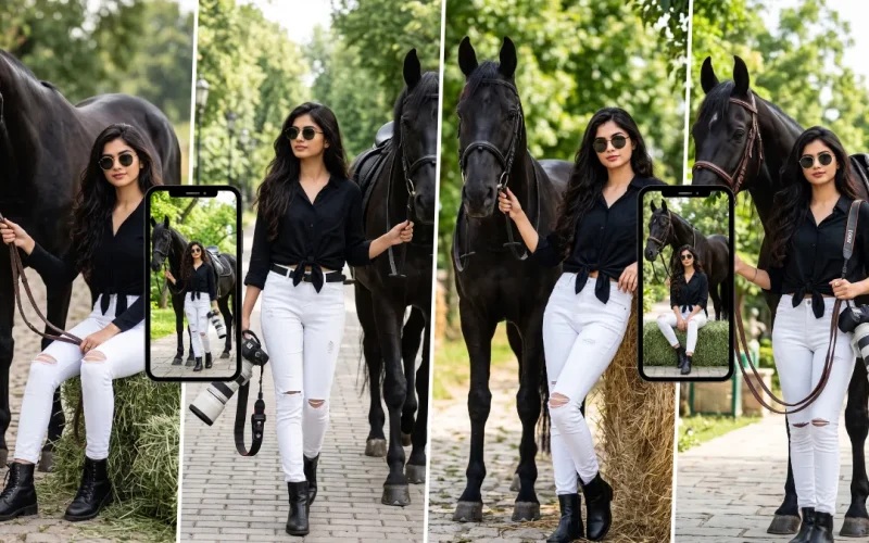 Woman posing with black horses in an outdoor equestrian setting using a horse riding AI photo prompt