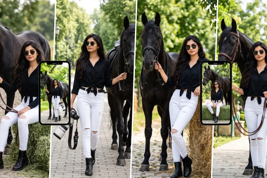 Woman posing with black horses in an outdoor equestrian setting using a horse riding AI photo prompt