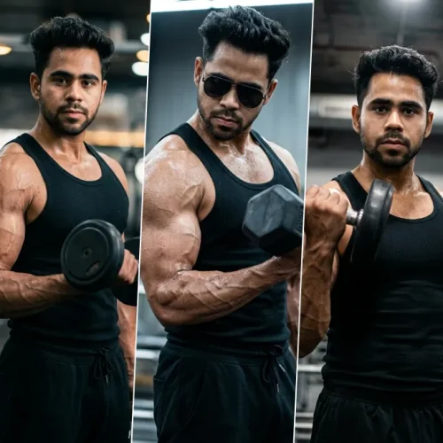 “Hyper-realistic AI-generated fitness model performing dumbbell bicep curls in a gym, cinematic lighting and bodybuilding photography style”