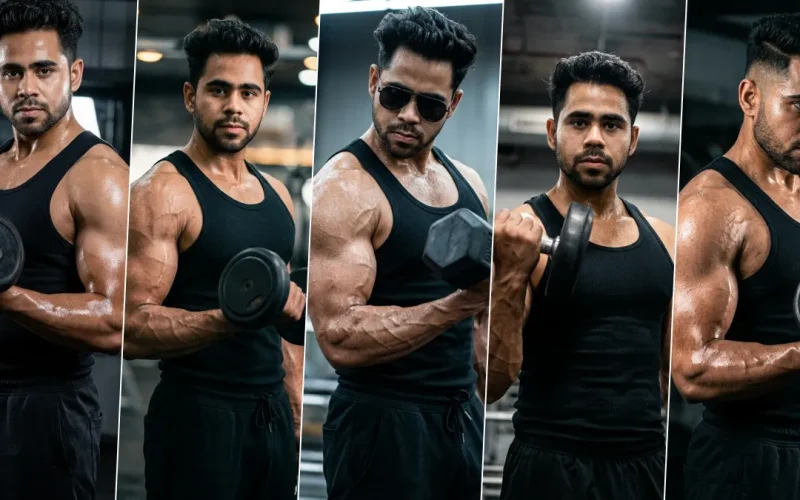 “Hyper-realistic AI-generated fitness model performing dumbbell bicep curls in a gym, cinematic lighting and bodybuilding photography style”