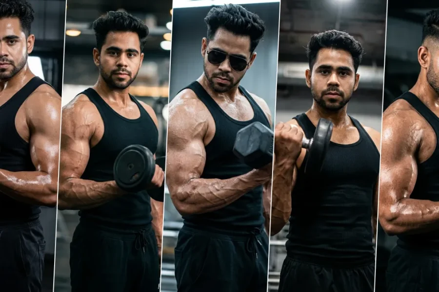 “Hyper-realistic AI-generated fitness model performing dumbbell bicep curls in a gym, cinematic lighting and bodybuilding photography style”