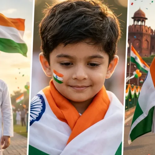 Ultra realistic Independence Day AI image generation prompts for cute Indian kids wearing white kurta with Indian flag, patriotic portrait created using ChatGPT AI, Flux AI, Midjourney and Gemini AI prompts.