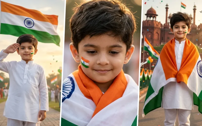 Ultra realistic Independence Day AI image generation prompts for cute Indian kids wearing white kurta with Indian flag, patriotic portrait created using ChatGPT AI, Flux AI, Midjourney and Gemini AI prompts.