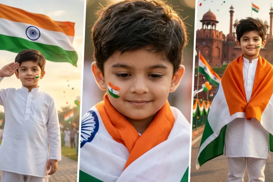 Ultra realistic Independence Day AI image generation prompts for cute Indian kids wearing white kurta with Indian flag, patriotic portrait created using ChatGPT AI, Flux AI, Midjourney and Gemini AI prompts.