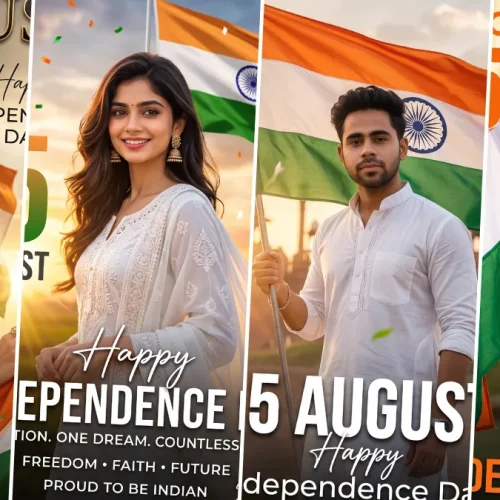 Independence Day AI image prompt featuring Indian men and women holding the national flag in patriotic 15 August portraits