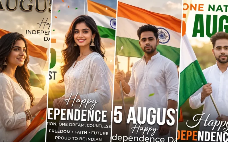 Independence Day AI image prompt featuring Indian men and women holding the national flag in patriotic 15 August portraits