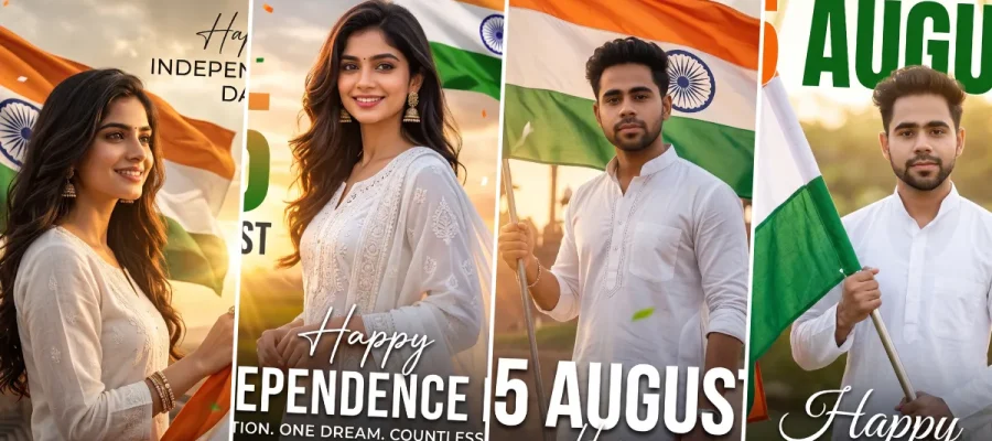 Independence Day AI image prompt featuring Indian men and women holding the national flag in patriotic 15 August portraits