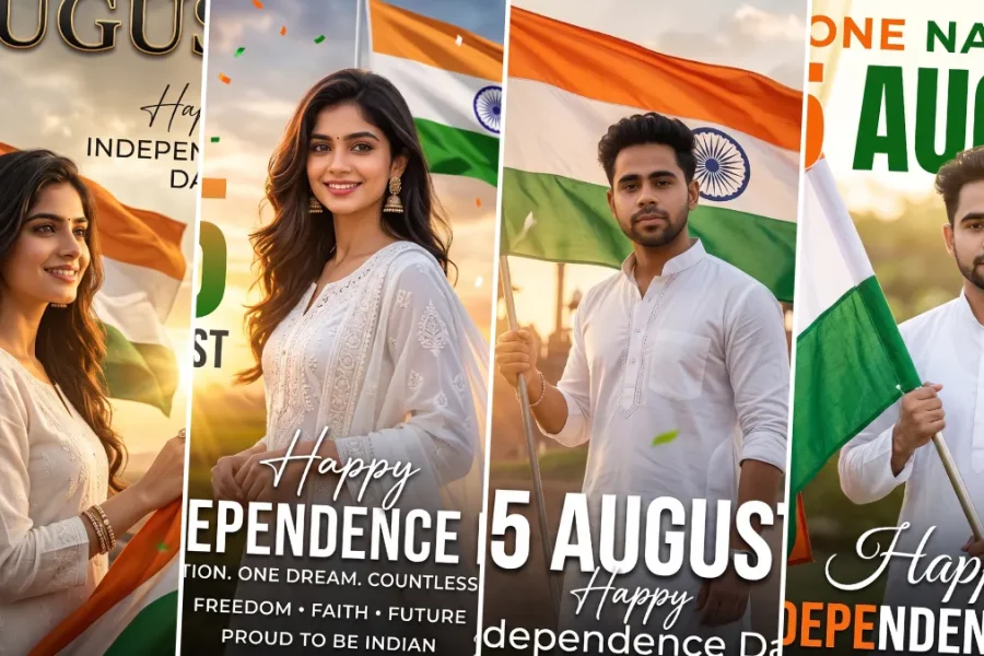 Independence Day AI image prompt featuring Indian men and women holding the national flag in patriotic 15 August portraits