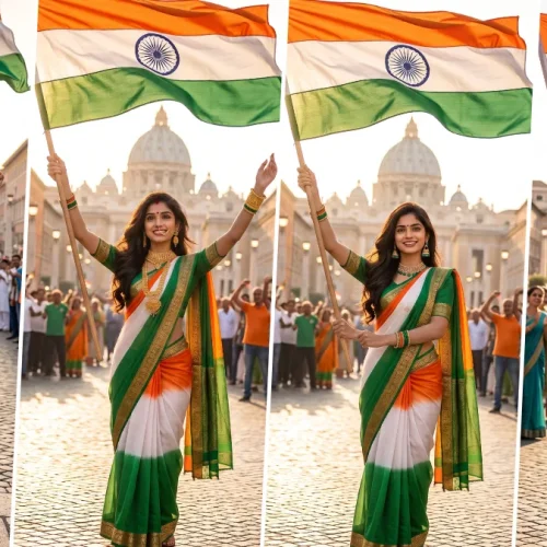 Independence Day AI Image Prompt – Patriotic Indian Woman in Tricolor Saree All Ai Prompt Hub