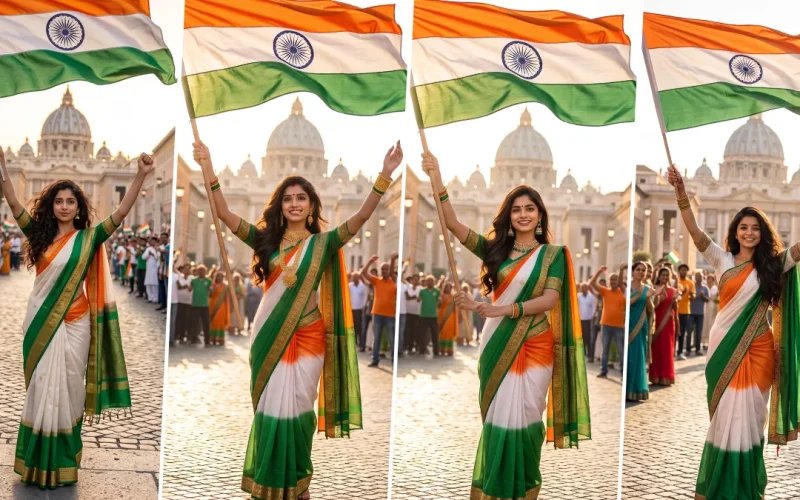 Independence Day AI Image Prompt – Patriotic Indian Woman in Tricolor Saree All Ai Prompt Hub