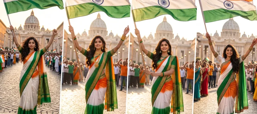 Independence Day AI Image Prompt – Patriotic Indian Woman in Tricolor Saree All Ai Prompt Hub