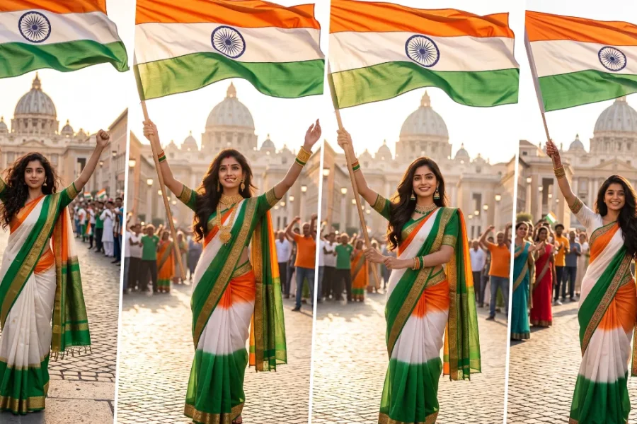 Independence Day AI Image Prompt – Patriotic Indian Woman in Tricolor Saree All Ai Prompt Hub
