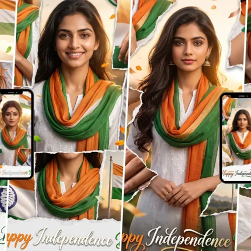 Indian woman in white outfit with orange and green tricolor dupatta created with an Independence Day AI photo prompt