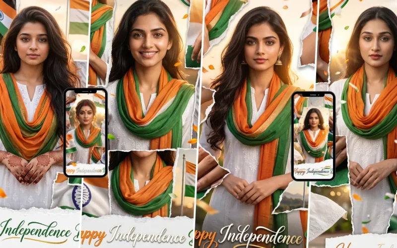 Indian woman in white outfit with orange and green tricolor dupatta created with an Independence Day AI photo prompt