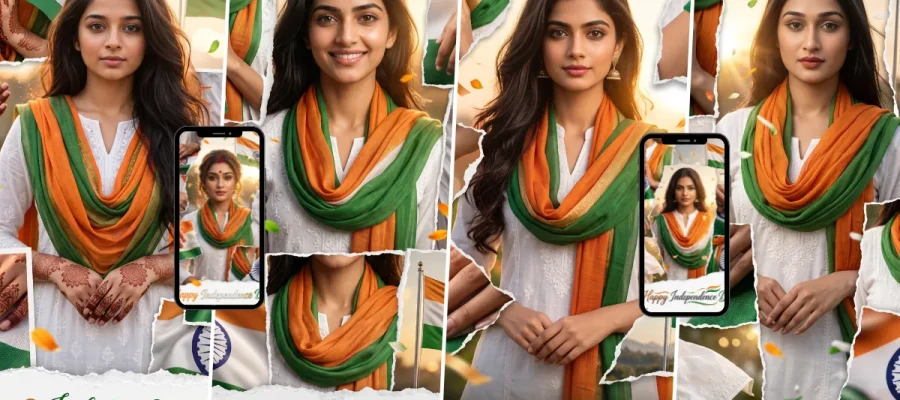 Indian woman in white outfit with orange and green tricolor dupatta created with an Independence Day AI photo prompt