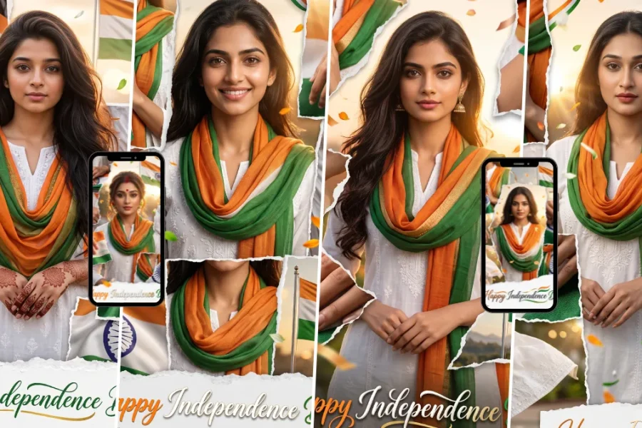 Indian woman in white outfit with orange and green tricolor dupatta created with an Independence Day AI photo prompt
