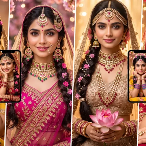 Beautiful Indian bride in a traditional bridal outfit with ornate jewelry and floral decorations in a cinematic wedding portrait