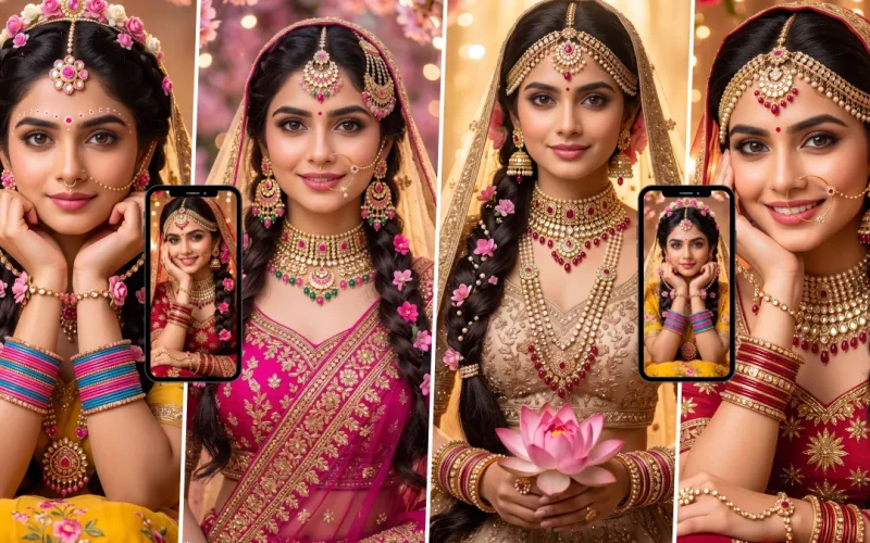 Beautiful Indian bride in a traditional bridal outfit with ornate jewelry and floral decorations in a cinematic wedding portrait