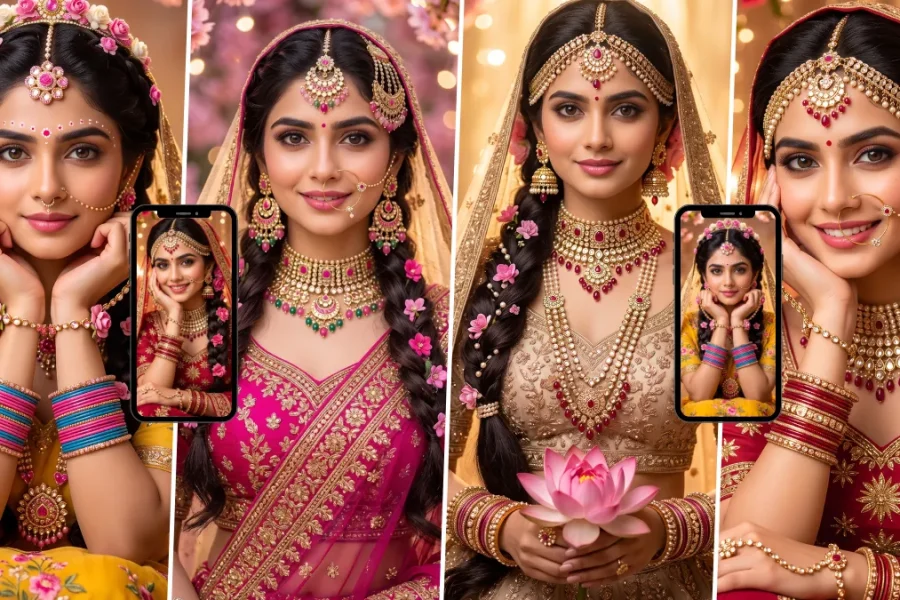 Beautiful Indian bride in a traditional bridal outfit with ornate jewelry and floral decorations in a cinematic wedding portrait