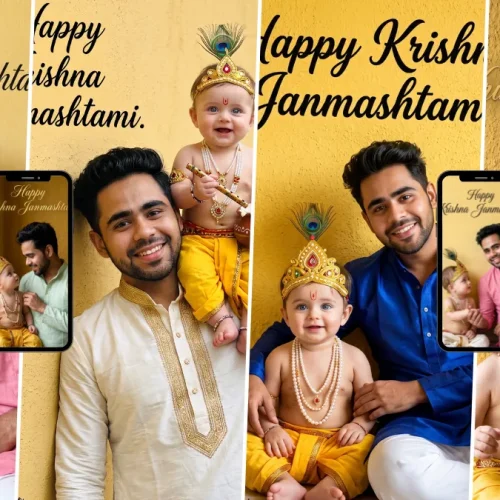 Father with a cute Baby Krishna dressed in traditional yellow clothing and a peacock feather crown during Janmashtami