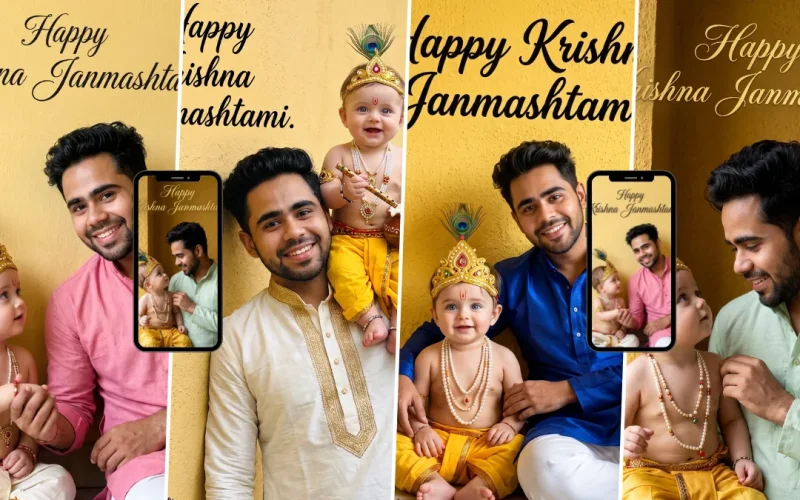Father with a cute Baby Krishna dressed in traditional yellow clothing and a peacock feather crown during Janmashtami