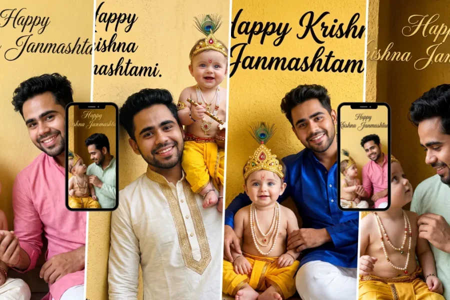 Father with a cute Baby Krishna dressed in traditional yellow clothing and a peacock feather crown during Janmashtami