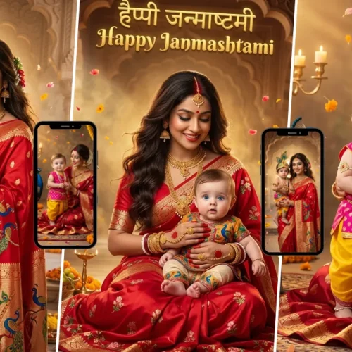 Janmashtami AI image prompt showing an Indian mother with baby Krishna in traditional festive clothing
