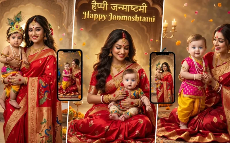 Janmashtami AI image prompt showing an Indian mother with baby Krishna in traditional festive clothing