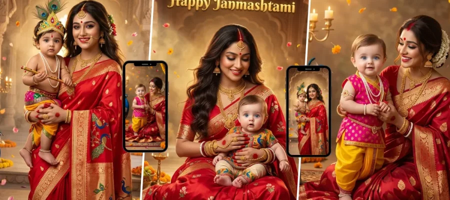 Janmashtami AI image prompt showing an Indian mother with baby Krishna in traditional festive clothing