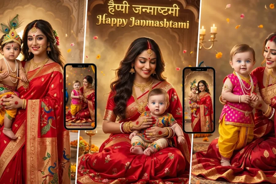 Janmashtami AI image prompt showing an Indian mother with baby Krishna in traditional festive clothing