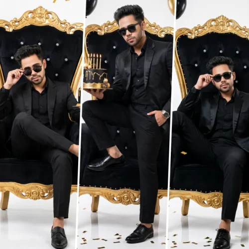 Luxury birthday king portrait in a black suit sitting on a royal throne with birthday cake, black and gold balloons, cinematic studio lighting, and ultra-realistic AI photography style.