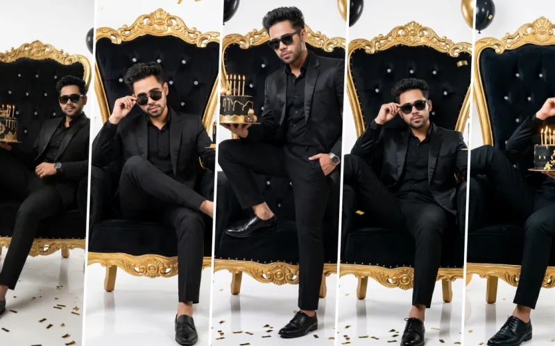 Luxury birthday king portrait in a black suit sitting on a royal throne with birthday cake, black and gold balloons, cinematic studio lighting, and ultra-realistic AI photography style.