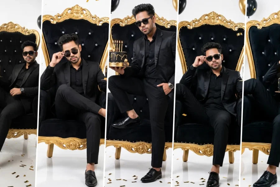 Luxury birthday king portrait in a black suit sitting on a royal throne with birthday cake, black and gold balloons, cinematic studio lighting, and ultra-realistic AI photography style.