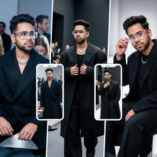 Stylish man wearing a black suit and glasses in a luxury event setting created with an AI image prompt