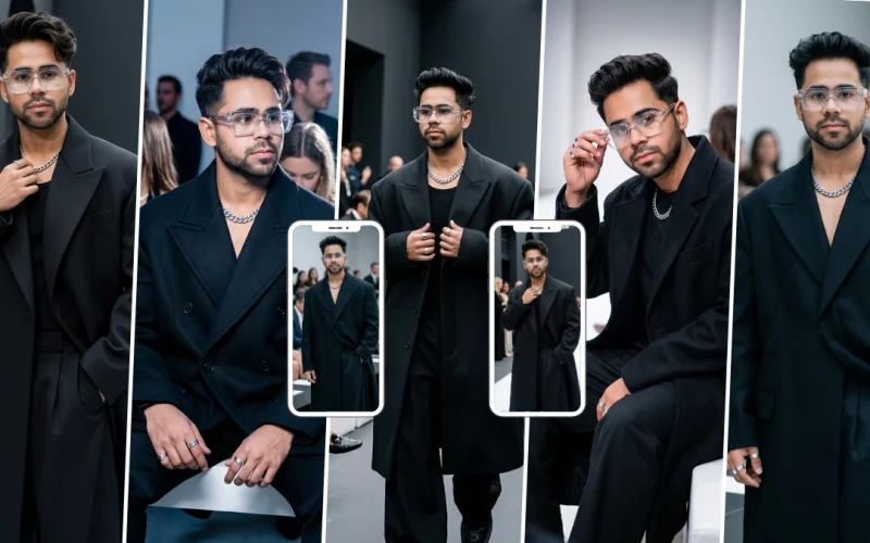 Stylish man wearing a black suit and glasses in a luxury event setting created with an AI image prompt