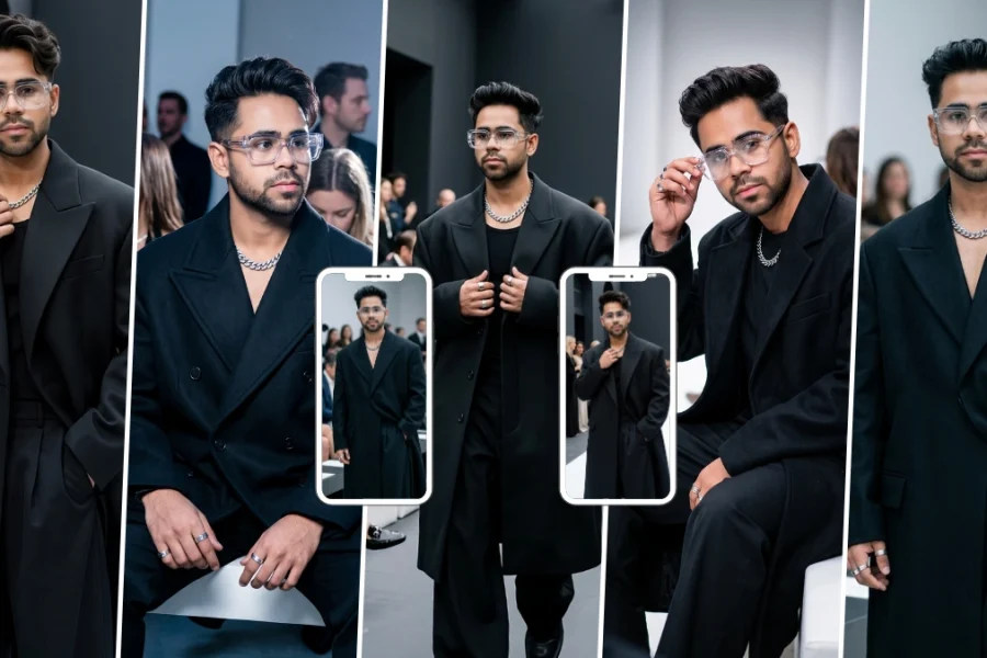 Stylish man wearing a black suit and glasses in a luxury event setting created with an AI image prompt