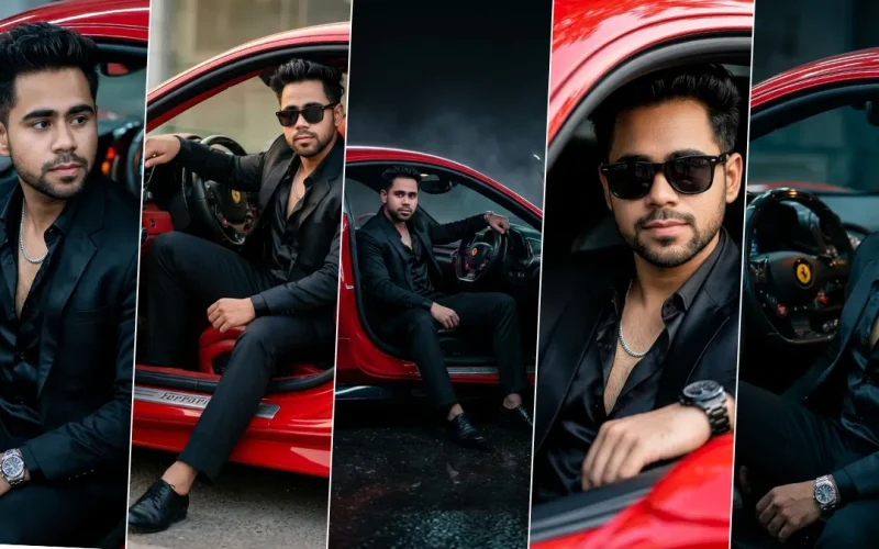 “Cinematic AI-generated portrait of a stylish man in a black suit posing with a red luxury sports car, hyper-realistic fashion photography lighting”